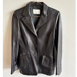 Brioni Women Soft Leather Button Down Side Pocket Slim Fit Blazer Black Size M
